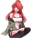  1girl :d bandeau bangs bare_shoulders black_hair black_shorts black_thighhighs breasts cleavage collarbone commentary_request feet_out_of_frame green_jacket hair_over_one_eye head_tilt highres jacket lain_paterson large_breasts long_hair long_sleeves looking_at_viewer midriff navel nijisanji off_shoulder open_clothes open_jacket open_mouth ponytail purple_eyes red_hair short_shorts shorts simple_background sitting smile solo stomach strapless thigh_strap thighhighs thighs tube_top umeya_shiki white_background 
