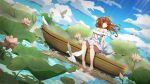  1girl absurdres bangs barefoot bird breasts brown_eyes brown_hair cleavage cloud dress dutch_angle frilled_dress frills highres lily_pad long_hair off-shoulder_dress off_shoulder original outdoors rowboat sky soles water white_dress wzwj4738 