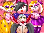  anthro blazedscarf blonde_hair breast_grab breasts broodal clawroline clothing domestic_cat dress felid feline felis female group hair hand_on_breast hariet_(mario) hi_res kirby_(series) lagomorph leporid male male/female mammal mario_bros monster_hunter_stories_2:_wings_of_ruin nintendo pantherine rabbit short_stack super_mario_odyssey tsukino_(monster_hunter_stories) video_games 