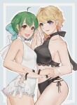  2girls absurdres asymmetrical_docking black_panties blonde_hair blue_eyes bow breast_press breasts brown_eyes dress from_side green_hair hair_behind_ear halter_top halterneck highres holding_another&#039;s_arm kabu_(kaopako_) macross macross_frontier macross_frontier:_toki_no_meikyu medium_breasts midriff multiple_girls navel open_mouth panties ranka_lee sheryl_nome sideboob small_breasts underwear white_bow white_dress 