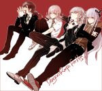  4girls :o adjusting_clothes adjusting_necktie arm_around_shoulder bangs belt black_footwear black_jacket black_necktie black_pants black_ribbon blunt_bangs braid breasts brown_hair closed_mouth collared_shirt cosplay cross_tie crossdressing crossed_arms danganronpa:_trigger_happy_havoc danganronpa_(series) danganronpa_2:_goodbye_despair dated dress_shirt english_text flipped_hair formal frown fukawa_touko genocider_shou glasses green_ribbon grey_footwear grey_hair hair_ornament hair_over_shoulder hair_ribbon hairclip hand_up hands_up hinata_hajime hinata_hajime_(cosplay) hood hood_down hoodie hugging_own_legs invisible_chair jacket kirigiri_kyouko knees_up kuzuryuu_fuyuhiko kuzuryuu_fuyuhiko_(cosplay) long_hair long_sleeves long_tongue looking_at_viewer looking_away medium_hair multiple_girls naegi_makoto naegi_makoto_(cosplay) nanami_chiaki neck_ribbon necktie open_clothes open_jacket outstretched_arms own_hands_together pants pekoyama_peko pink_eyes pink_hair profile purple_eyes purple_hair qinnye red_background red_eyes red_footwear ribbon school_uniform shirt shoe_soles shoes short_sleeves side-by-side side_braid sidelocks sideways_glance sitting smile sneakers steepled_fingers suit togami_byakuya togami_byakuya_(cosplay) tongue tongue_out twin_braids untucked_shirt very_long_hair white_background white_footwear white_ribbon zipper 