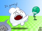  animate_inanimate balloony_(bfb) balls battle_for_dream_island bodily_fluids cloudy_(bfb) cum exclamation_point genital_fluids genitals group kingheron male male/male object_shows open_mouth penis rocky_(bfdi) text trio vore what why 