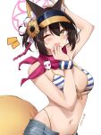  1girl ;d absurdres animal_ears arm_up bangs bare_arms bare_shoulders bikini black_hair blue_archive blush fang flower fox_ears fox_tail hair_between_eyes hair_flower hair_ornament hairband hand_up highres izuna_(blue_archive) izuna_(swimsuit)_(blue_archive) looking_at_viewer navel one_eye_closed pink_scarf pinnn scarf short_hair simple_background skin_fang smile solo stomach striped striped_bikini swimsuit tail upper_body white_background yellow_eyes yellow_hairband 