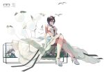  absurdres alternate_costume arm_support azur_lane black_hair breasts crossed_legs dress full_body high_heels highres horns red_horns see-through see-through_dress sideboob simple_background sitting ulrich_von_hutten_(azur_lane) wedding_dress weixiaoren white_background white_dress yellow_eyes 