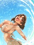  1girl ass bikini breasts brown_eyes brown_hair chiyoda_(kancolle) commentary_request cowboy_shot grey_bikini kantai_collection large_breasts medium_hair open_mouth outstretched_arms smile solo swimsuit udukikosuke 