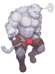 abs anthro bulge clothed clothing felid grimoire_of_zero hi_res male mammal mercenary_(character) pantherine ronci simple_background solo tiger topless underwear undressing white_background 
