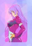  1girl absurdres bangs belt blue_hair bodysuit breasts character_name cowboy_shot gloves hand_on_hip highres kula_diamond long_hair looking_at_viewer medium_breasts minisky01 purple_background purple_eyes simple_background the_king_of_fighters 