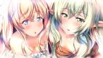  2girls bangs blonde_hair blue_camisole blue_eyes blush breasts camisole commentary_request downblouse elf frilled_camisole frills gc3 goblin_slayer! green_eyes green_hair hair_between_eyes hair_censor high_elf_archer_(goblin_slayer!) highres long_hair looking_at_viewer multiple_girls parted_lips pointy_ears priestess_(goblin_slayer!) small_breasts strap_slip 