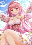  1girl :d bangs bare_shoulders blue_sky breasts brown_eyes cleavage cloud commentary_request dated day dress feathered_wings feet_out_of_frame hands_up happy_birthday hoshizaki_akari long_hair looking_at_viewer medium_breasts ongeki outdoors pink_hair sitting sky smile solo very_long_hair white_dress white_wings wings zenon_(for_achieve) 