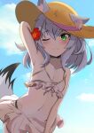  1girl animal_ear_fluff animal_ears arm_up bare_shoulders bikini collarbone flat_chest flower green_eyes grey_hair hair_flower hair_ornament hat highres kamizuki_naki navel one_eye_closed prism_project solo straw_hat swimsuit tail the_k_art virtual_youtuber wolf_ears wolf_girl wolf_tail 