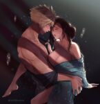  1boy 1girl ass_grab bare_shoulders barefoot black_hair blonde_hair blue_eyes blush breasts cleavage closed_eyes clothed_sex clothes_around_waist cloud_strife couple feet final_fantasy final_fantasy_vii final_fantasy_vii_remake hetero highres japanese_clothes kimono large_breasts linono long_hair looking_at_another muscular muscular_male sex spiked_hair sweat tanabata tifa_lockhart yukata 