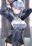  1girl ako_(blue_archive) arms_up bangs bell belt black_gloves black_hairband black_skirt blue_archive blue_hair blue_jacket blurry blurry_background blush breasts buttons cowboy_shot double-breasted garter_straps gloves grey_eyes hairband half_gloves halo hasetsu_(hasss0113) highres jacket large_breasts looking_at_viewer neck_bell open_clothes open_jacket parted_lips shirt sideboob sidelocks skirt solo white_shirt 