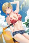  1girl :3 :q ahoge arm_behind_head arm_up armpits bare_arms bare_shoulders bekotarou bikini blonde_hair blue_eyes blue_shorts blurry blurry_foreground breasts cleavage closed_mouth commentary_request cutoffs day denim denim_shorts exposed_pocket gradient_hair ground_vehicle halter_top halterneck highres large_breasts looking_at_viewer micro_shorts motor_vehicle multicolored_hair navel original outdoors red_bikini scooter short_hair_with_long_locks short_shorts shorts smile solo stomach string_bikini striped striped_bikini sunlight swimsuit thighs tongue tongue_out 