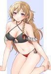  1girl bikini braid breasts brown_eyes cleavage commentary_request commission french_braid highres kantai_collection kneeling large_breasts light_brown_hair long_hair looking_at_viewer mismatched_bikini single_braid skeb_commission solo swimsuit toriniku_senshi_chikinman wavy_hair zara_(kancolle) 