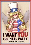  1girl american_flag american_flag_dress blonde_hair breasts clownpiece dress english_text fairy fairy_wings hat highres long_hair neck_ruff shitacemayo small_breasts solo top_hat touhou very_long_hair wings 
