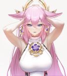  animal_ears arms_up breasts fox_ears fox_girl genshin_impact hair_ornament large_breasts looking_at_viewer pink_hair plaster_(2501) purple_eyes upper_body yae_miko 