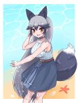  1girl animal_ears aramaru bare_shoulders beach blue_choker blue_shirt blue_skirt casual choker fox_ears fox_girl fox_tail grey_hair hand_in_own_hair highres kemono_friends kemono_friends_3 long_hair multicolored_hair orange_eyes shirt sidelocks silver_fox_(kemono_friends) skirt sleeveless solo splashing striped striped_shirt tail two-tone_shirt white_shirt 