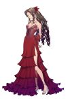  1girl absurdres aerith_gainsborough arms_behind_back back_bow bangs bare_arms bow breasts brown_hair cleavage collarbone dress etaa89 final_fantasy final_fantasy_vii final_fantasy_vii_remake flamenco_dress flower full_body green_eyes hair_flower hair_ornament hair_ribbon high_heels highres jewelry long_dress long_hair looking_at_viewer medium_breasts nail_polish necklace official_alternate_costume parted_bangs plunging_neckline ponytail red_dress red_nails ribbon ringlets sandals side_slit sidelocks solo strapless strapless_dress toeless_footwear toenail_polish toenails wavy_hair white_background 