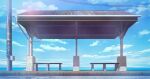  absurdres bench blue_sky bus_stop cloud color_creation commentary_request day highres no_humans ocean original outdoors scenery sky utility_pole 