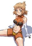  1girl bare_shoulders blonde_hair blush bodysuit breasts breasts_apart closed_mouth covered_collarbone covered_nipples elbow_gloves gloves hair_ornament highres large_breasts looking_at_viewer midriff navel senki_zesshou_symphogear shiny shiny_hair short_hair simple_background sitting skin_tight smile solo spread_legs sweat syunzou tachibana_hibiki_(symphogear) white_background yellow_eyes 