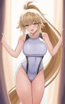  1girl blonde_hair blue_eyes breasts commentary_request competition_swimsuit cowboy_shot curtains fate/grand_order fate_(series) high_ponytail highres higofushi jeanne_d&#039;arc_(fate) jeanne_d&#039;arc_(swimsuit_archer)_(fate) jeanne_d&#039;arc_(swimsuit_archer)_(second_ascension)_(fate) large_breasts long_hair one-piece_swimsuit ponytail solo standing swimsuit two-tone_swimsuit white_swimsuit 