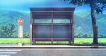  absurdres bench bus_stop color_creation commentary_request grass highres mountain no_humans original outdoors scenery tree 