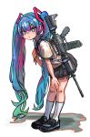  assault_rifle blue_hair chain gun hatsune_miku highres hunched_over kimjdav loafers long_hair looking_at_viewer parted_lips pleated_skirt rifle shadow shirt shoes simple_background skirt twintails very_long_hair vocaloid weapon white_background white_shirt 