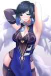  1girl absurdres armpits arms_behind_head arms_up bangs blue_hair blunt_bangs breasts cleavage cowboy_shot elbow_gloves fur-trimmed_jacket fur_trim genshin_impact gloves green_eyes grin highres jacket kirima_(user_danf8787) large_breasts looking_at_viewer short_hair simple_background single_glove sleeveless smile solo standing white_background white_jacket yelan_(genshin_impact) 