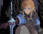  1boy armor bangs blonde_hair blue_eyes blue_tunic derivative_work link long_hair low_ponytail male_focus mononoke_hime nm_cco outdoors ponytail shoulder_armor sidelocks the_legend_of_zelda the_legend_of_zelda:_breath_of_the_wild the_legend_of_zelda:_breath_of_the_wild_2 upper_body water 