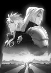  2boys armor back-to-back bangs black_background black_jacket black_shirt cloud_strife earrings eilinna facing_away final_fantasy final_fantasy_vii final_fantasy_vii_advent_children greyscale ground_vehicle hair_between_eyes high_collar highway jacket jewelry landscape long_hair male_focus monochrome motor_vehicle motorcycle mountain multiple_boys multiple_views open_collar outdoors parted_bangs sephiroth shirt short_hair shoulder_armor shoulder_strap single_earring single_wing spiked_hair standing upper_body wide_shot wings wolf 