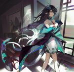  1girl absurdres arknights arm_tattoo bare_shoulders black_hair black_jacket china_dress chinese_clothes colored_skin crossed_arms dress dusk_(arknights) earrings feet_out_of_frame flame-tipped_tail floating_hair green_hair green_skin hair_over_one_eye highres indoors jacket jewelry long_hair looking_at_viewer multicolored_hair necktie off_shoulder open_clothes open_jacket pointy_ears red_eyes red_necktie sleeveless sleeveless_dress solo standing streaked_hair tassel tassel_earrings tattoo twice12314 twitter_username very_long_hair white_dress window 