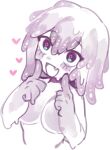  1girl :d bangs breasts fang fingers_to_cheeks hair_between_eyes head_tilt heart index_finger_raised medium_breasts monster_girl nude nyong_nyong personification purple_slime_(terraria) short_hair simple_background slime_(substance) slime_girl smile solo terraria upper_body white_background 