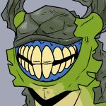  ambiguous_gender eyeless green_body grey_background grey_body grey_horn grin horn imperatorcaesar low_res simple_background smile solo yellow_teeth 