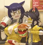  1girl 1other ad animal_ears bandage_over_one_eye bangs black_hair breasts burger buttons cleavage cup drinking_straw eating eyepatch fang fingerless_gloves food glasses gloves grey_eyes grey_shirt highres large_breasts looking_at_another mizuno_(okn66) necktie open_mouth original purple_hair shirt table tray wrist_wrap yellow_eyes yellow_shirt 