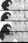  1boy 1girl artoria_pendragon_(fate) artoria_pendragon_(lancer)_(fate) blush braid closed_eyes closed_mouth fate_(series) french_braid french_kiss fujimaru_ritsuka_(male) greyscale hands_on_another&#039;s_face height_difference highres kiss long_hair looking_at_another lvl_(sentrythe2310) monochrome sidelocks 
