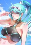  1girl absurdres adapted_costume bangs breasts chest_jewel earrings gem green_eyes green_hair headpiece highres jewelry large_breasts long_hair pneuma_(xenoblade) ponytail solo swept_bangs swimsuit tiara ug333333 very_long_hair xenoblade_chronicles_(series) xenoblade_chronicles_2 