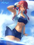  absurdres arm_up armpits blue_eyes bracelet dark_skin highres jacket jewelry navel ocean one_eye_closed pants pokemon red_hair skyla_(pokemon) vilde_loh_hocen 