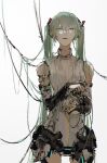  1girl absurdres acid114514 android bangs bare_shoulders blurry bridal_gauntlets cable center_opening cowboy_shot cracked_skin damaged depth_of_field green_eyes green_hair hair_over_shoulder hands_up hatsune_miku hatsune_miku_(append) highres holding leotard long_hair looking_at_viewer mechanical_parts messy_hair parted_lips simple_background sleeveless solo twintails very_long_hair vocaloid vocaloid_append white_background white_leotard 