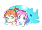  2girls blue_eyes chibi fujisawa_takashi green_eyes hair_bobbles hair_ornament laura_la_mer multiple_girls natsuumi_manatsu orange_hair pink_hair ponytail precure smile stuffed_whale tropical-rouge!_precure white_background 