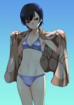  1girl bikini black_hair blue_bikini breasts fujisawa_takashi gradient gradient_background highres medium_breasts navel original shade short_hair smile solo swimsuit towel wet 