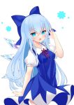  1girl :d alternate_hair_length alternate_hairstyle blue_bow blue_dress blue_eyes blue_hair bow breasts cirno dress hair_between_eyes hair_bow hand_up ice ice_wings long_hair looking_at_viewer puffy_short_sleeves puffy_sleeves red_ribbon ribbon short_sleeves simple_background small_breasts smile solo tosakaoil touhou white_background wings 