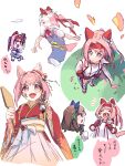  2girls animal_ears anmochi_mochi blush_stickers brown_hair calligraphy_brush chibi closed_eyes ear_covers gloves hagoita hair_intakes hakama haru_urara_(first_urara_saku_sakura)_(umamusume) haru_urara_(umamusume) headband highres holding holding_brush holding_paddle horse_ears horse_girl horse_tail in_the_face japanese_clothes kimono king_halo_(umamusume) long_sleeves looking_at_viewer multiple_girls multiple_views notice_lines open_mouth overall_shorts overalls paddle paintbrush petals pink_eyes pink_hair red_gloves red_kimono runny_nose shoes smile snot snowball speech_bubble standing sweatdrop tail translation_request umamusume wide_sleeves 