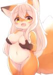  1girl animal_ear_fluff animal_ears body_fur breast_hold breasts brown_eyes covering_nipples fang fox_ears fox_girl fox_tail furry furry_female groin long_hair matsuu_(akiomoi) navel nude open_mouth original pussy smile solo tail thighs white_hair 