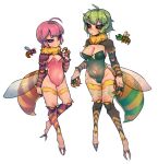  1girl :/ ahoge arthropod_girl bangs bee_girl black_sclera blue_wings breasts brown_eyes character_request claws cleavage closed_mouth colored_sclera covered_navel full_body fur_collar green_hair green_leotard hand_up highres insect_wings leotard low_wings medium_breasts nyong_nyong open_mouth orange_wings personification pink_hair pink_leotard purple_eyes raised_eyebrow reference_inset short_hair simple_background small_breasts solo stinger strapless strapless_leotard terraria uneven_eyes white_background wings 