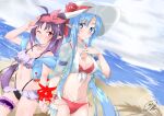  2girls absurdres ass_visible_through_thighs asuna_(sao-alo) bare_arms beach bikini black_bikini blue_eyes blue_hair blush bow breasts choker cleavage closed_mouth collarbone criss-cross_halter day floating_hair flower grin groin hair_bow halterneck hat hat_flower hat_ribbon headband hibiscus highleg highleg_bikini highres holding_hands long_hair looking_at_viewer maximum7010 medium_breasts multiple_girls navel one_eye_closed outdoors pink_bow pink_headband pointy_ears purple_hair red_bikini red_eyes red_flower red_ribbon ribbon ribbon_choker shiny shiny_hair signature smile sparkle sun_hat swimsuit sword_art_online thigh_strap very_long_hair w white_headwear white_ribbon yuuki_(sao) 