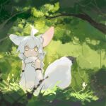  1girl ahoge animal_ear_fluff animal_ears bangs bare_shoulders braid bug butterfly butterfly_on_hair butterfly_on_head code009 day detached_sleeves dress forest fox_ears fox_girl fox_tail frown fur_trim grey_hair highres long_hair nature original outdoors plant sidelocks solo sunlight tail vines white_dress white_hair yellow_eyes 