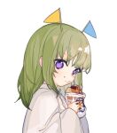  1boy androgynous bangs bread character_request check_character crumbs eating enkidu_(fate) fate/grand_order fate_(series) flag food food_on_face food_wrapper from_side green_hair hands_up holding holding_food kingu_(fate) long_hair long_sleeves looking_at_viewer looking_to_the_side male_focus object_on_head purple_eyes robe rocco simple_background solo upper_body white_background white_robe wide_sleeves 
