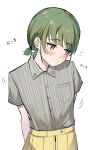  1girl :3 absurdres arms_behind_back bangs blush breast_pocket collared_shirt flying_sweatdrops green_eyes green_hair grey_shirt highres idolmaster idolmaster_shiny_colors looking_away looking_to_the_side motion_lines nanakusa_nichika pocket shirt shirt_tucked_in short_hair short_sleeves simple_background sjuno skirt solo upper_body white_background yellow_skirt 