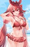  1girl animal_ears baisi_shaonian bangs bikini bikini_skirt blurry blurry_background breasts cleavage cloud cowboy_shot daiwa_scarlet_(trifle_vacation)_(umamusume) daiwa_scarlet_(umamusume) fang groin hair_bobbles hair_intakes hair_ornament halter_top halterneck hand_in_own_hair highres horse_ears large_breasts long_hair looking_at_viewer low_twintails navel official_alternate_costume open_mouth outdoors red_bikini red_eyes red_hair signature skin_fang solo standing strap_lift swimsuit twintails umamusume umamusume_summer_story_(umamusume) wet 