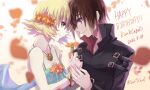  1boy 1girl 2022 bangs bare_arms black_jacket blonde_hair blurry blurry_foreground bracelet brother_and_sister brown_eyes brown_hair cagalli_yula_athha closed_mouth collarbone couple dated dress eye_contact flower green_dress gundam gundam_seed hair_between_eyes holding holding_flower jacket jewelry kira_yamato long_sleeves looking_at_another necklace orange_flower petals purple_eyes short_hair siblings sleeveless sleeveless_dress smile spoilers twins twitter_username yuuka_seisen 